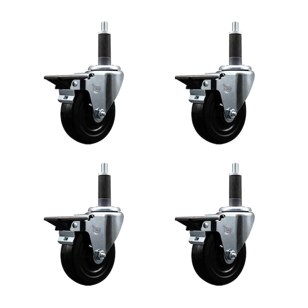 4'' Hard Rubber Swivel 1'' Expanding Stem Caster Set with Brake, 4PK